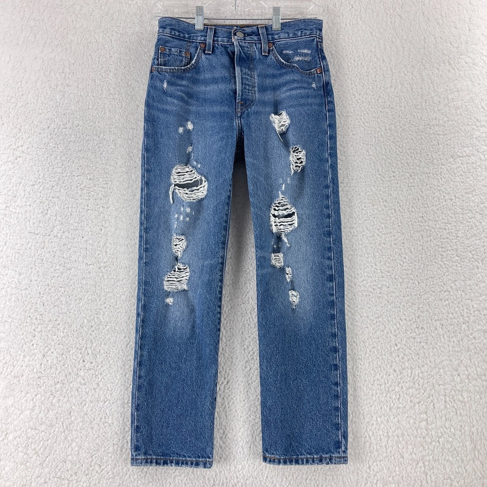Levi's 501 Blue Denim Distressed Straight Leg Jeans Womens Mid-Rise Size 25